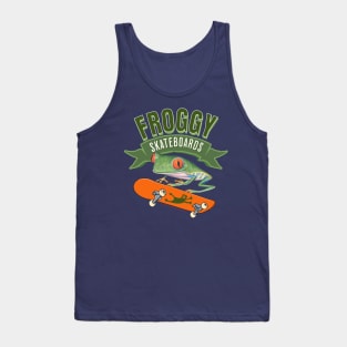 Cute and Funny Red Eyed Tree Frog using a flying frogs skateboard having a wonder time boarding Tank Top